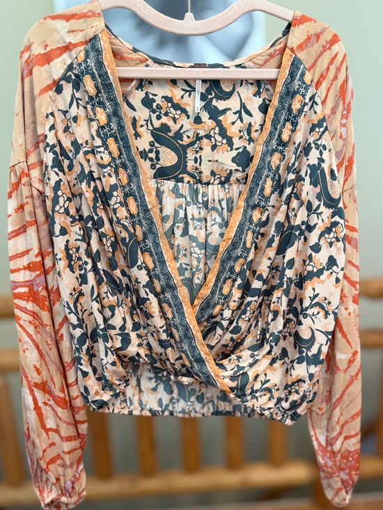 Free People Tops - Free People Floral Surplice Blouse in Cream, Teal and Orange